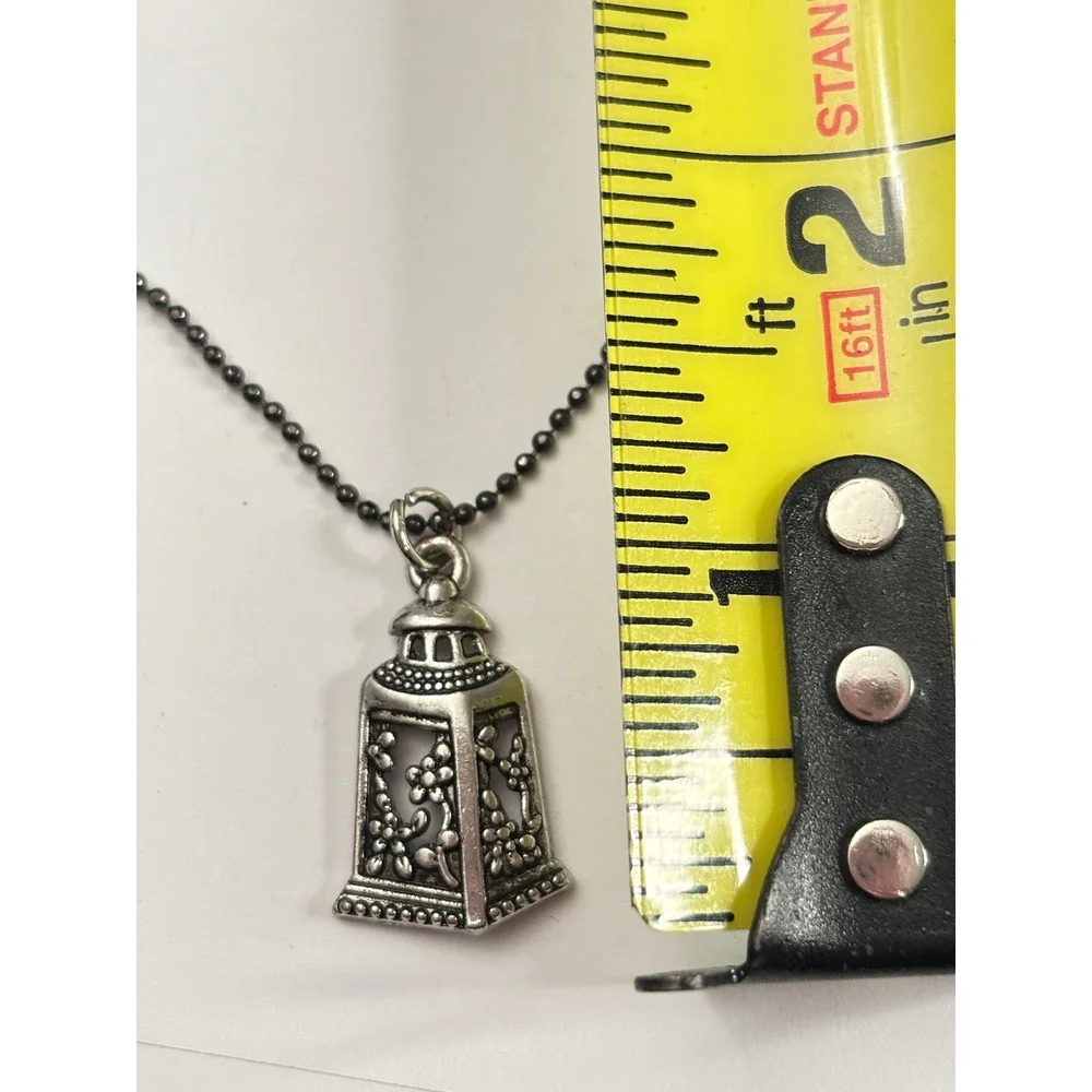 Vintage Pagoda Floral Lantern Silver Tone Pendant Necklace Black Ball Chain